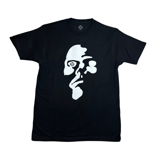 ront view of the 90 Face Tee, a black t-shirt with a white abstract face design and the '90' logo in the eye.