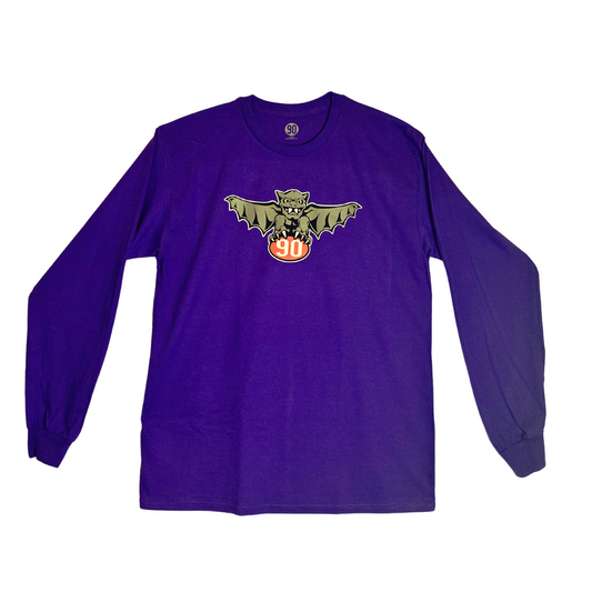 The 90 The Original Purple Gargoyle Long Sleeve with a central gargoyle design clutching the iconic '90' orb.