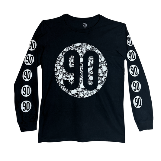 90 The Original black long sleeve shirt with bold '90' logo filled with skulls on the front.