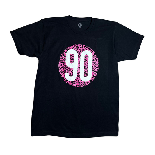 90 The Original Black Tee with a striking pink leopard print '90' logo front and center.