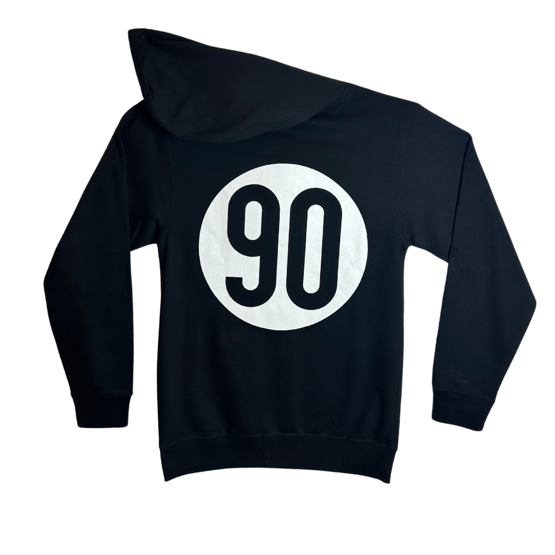 Back view of 90 The Original zip hoodie showcasing a large '90' logo.