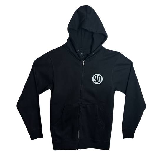 Front view of 90 The Original zip hoodie with a small '90' logo on the right chest.