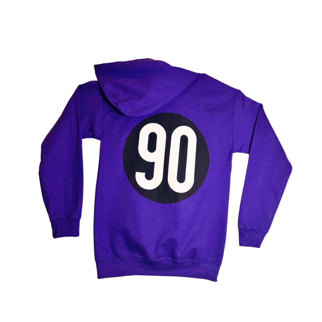 Back view of the 90 The Original Purple Zip Hoodie, featuring a large '90' logo centered on the back.