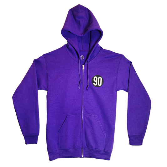 90 The Original Purple Zip Hoodie with iconic '90' logo on left chest, full zipper, and drawstring hood.
