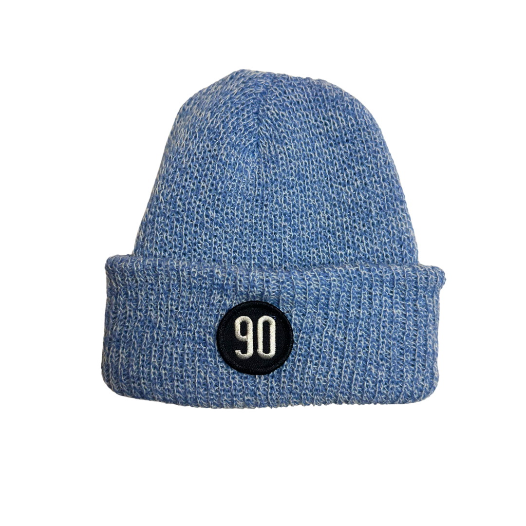Blue melange 90 The Original Beanie with front logo patch.