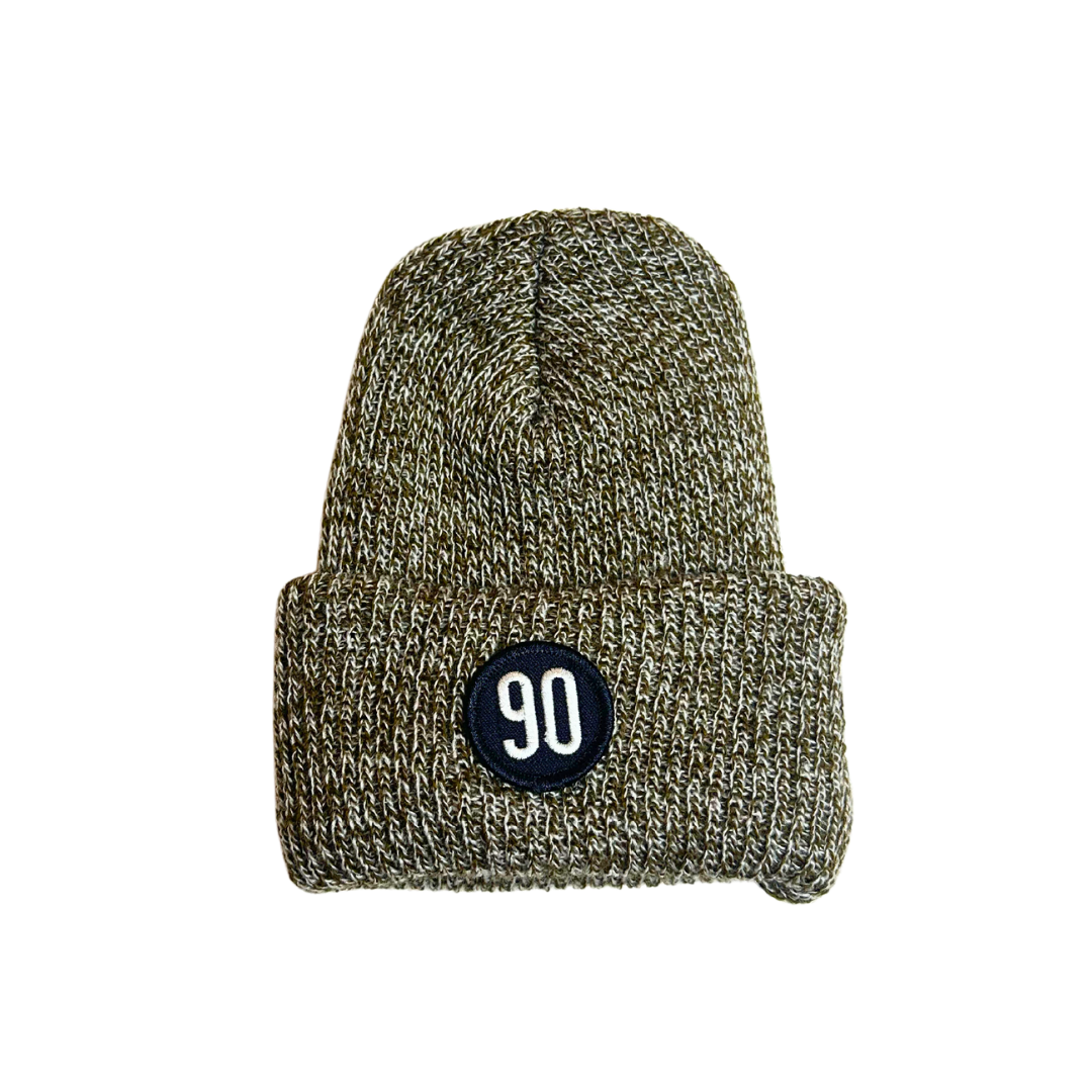 Brown 90 The Original Beanie with front logo patch.