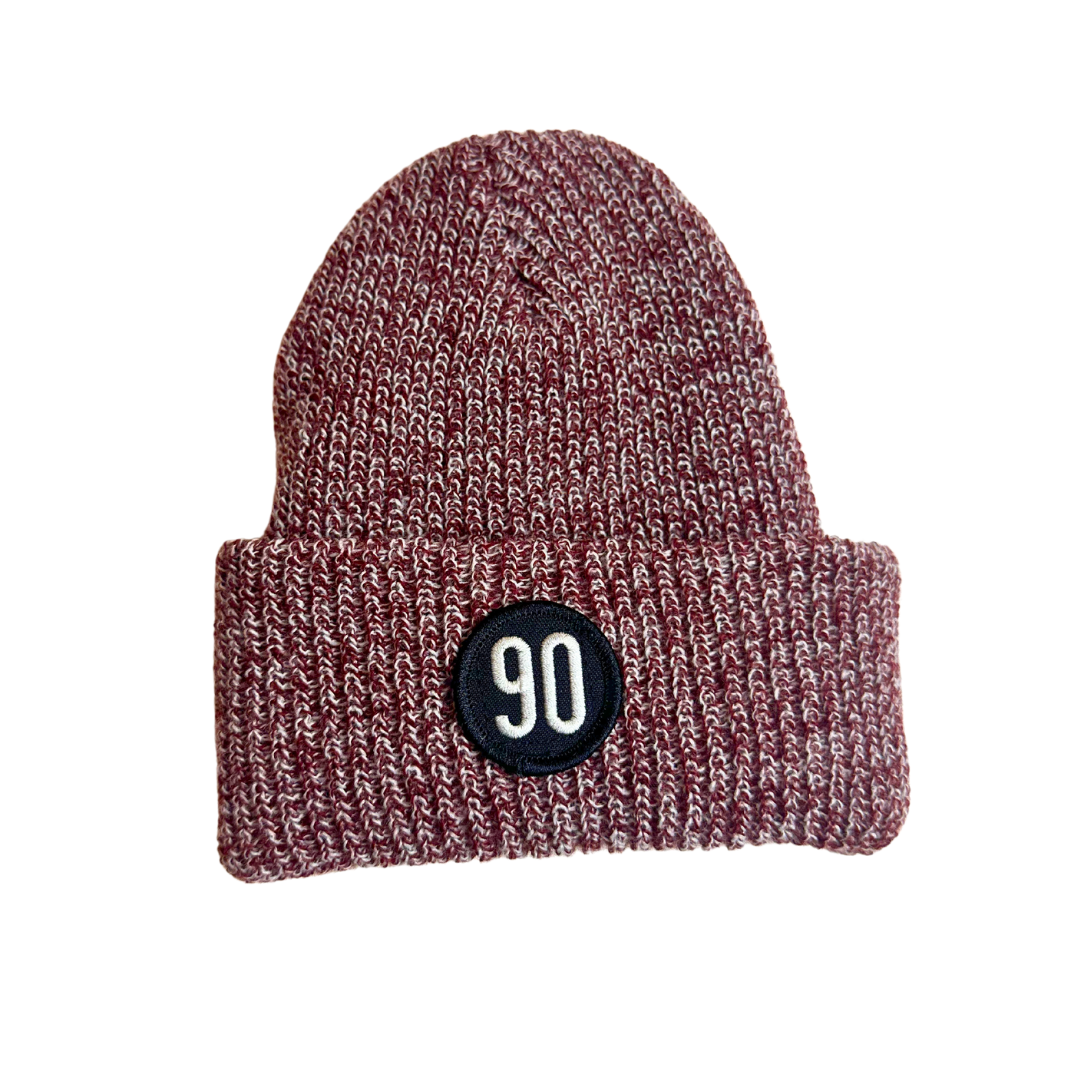 Burgundy melange 90 The Original Beanie with front logo patch.