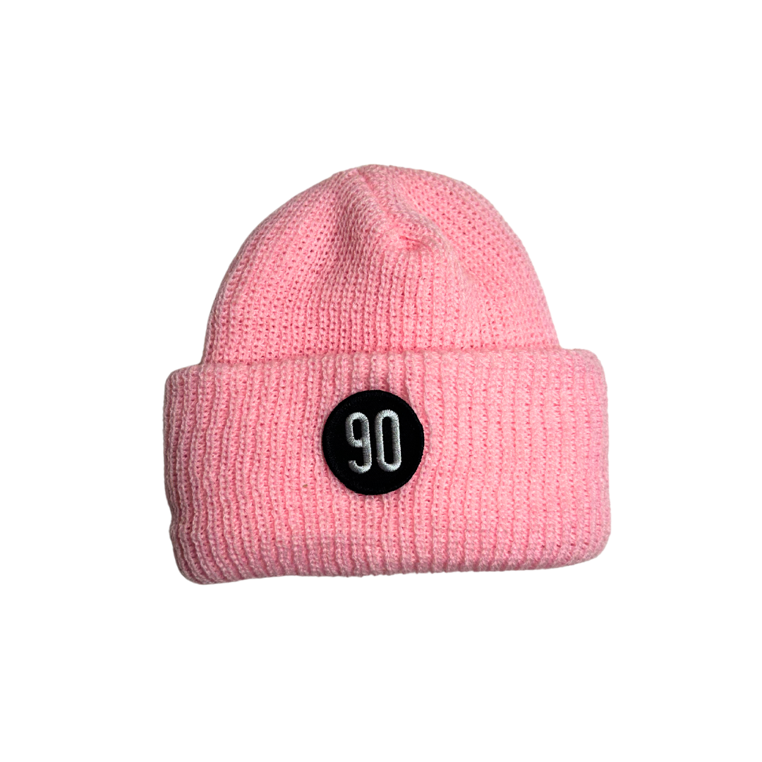 Pink 90 The Original Beanie with front logo patch.