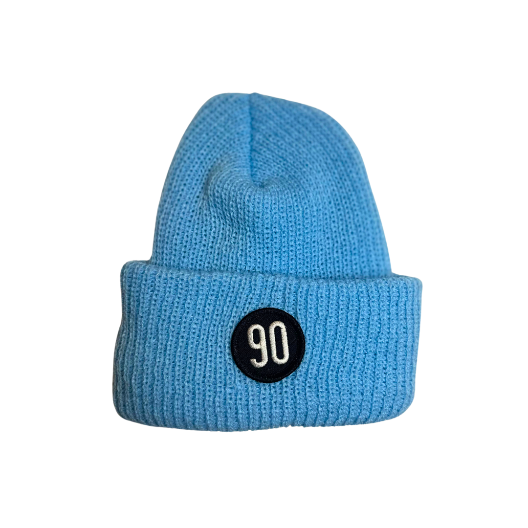 Sky blue 90 The Original Beanie with front logo patch.