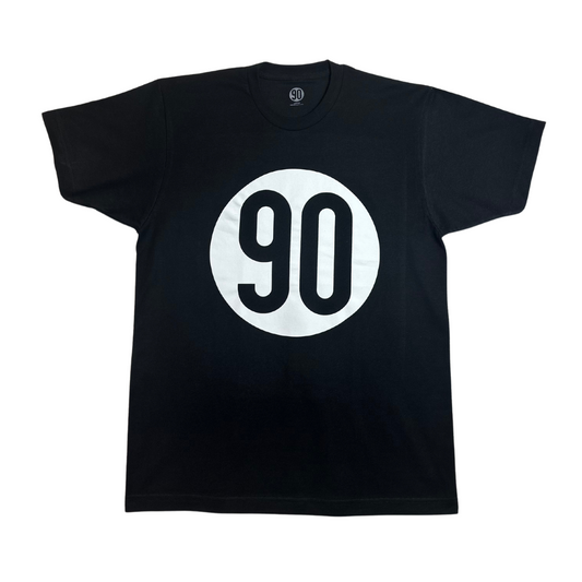 90 The Original Black Tee showcasing the iconic white '90' symbol on a pure black background