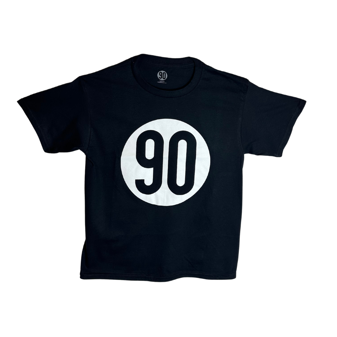 Front view of the 90 The Original Kids Tee in black with the '90 logo.