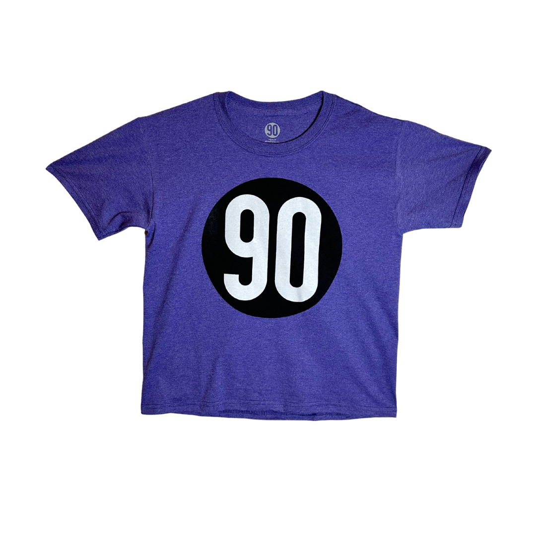 Front view of the 90 The Original Kids Tee in purple with the '90 logo.