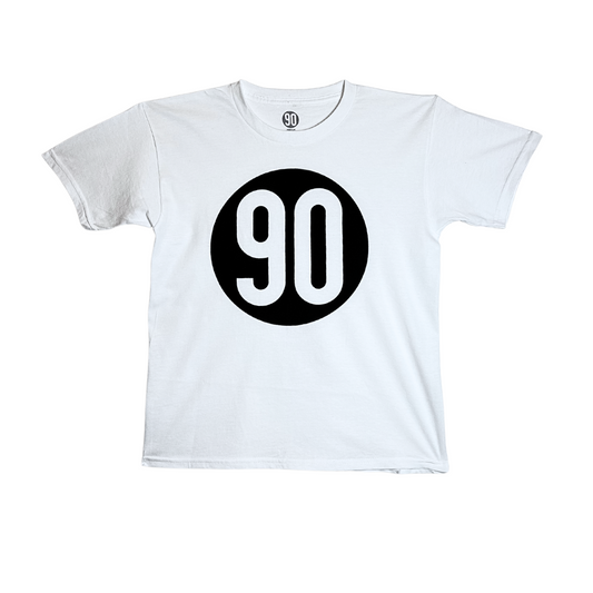 Front view of the 90 The Original Kids Tee in white with the '90 logo.