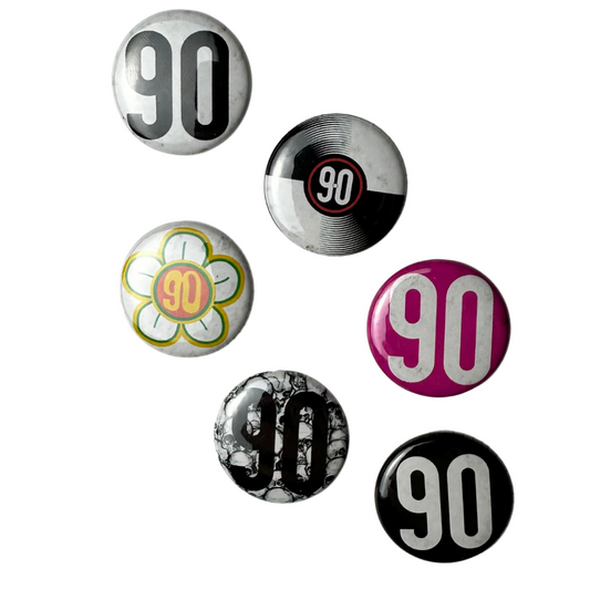 Set of six 90 The Original pins featuring classic '90s-inspired designs.