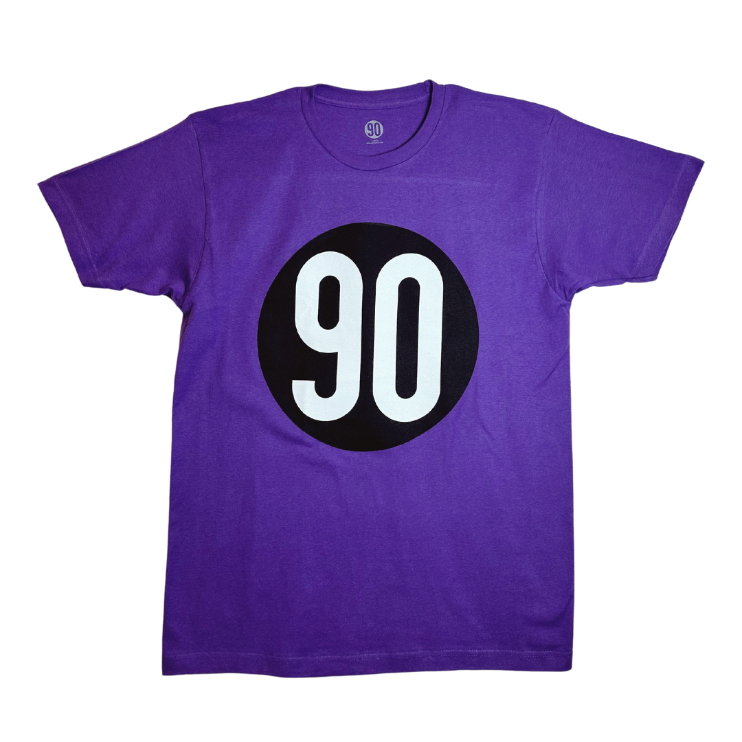 Front view of 90 The Original Signature Purple Tee with prominent '90' logo in black and white