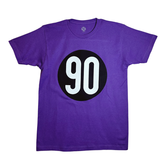 Front view of 90 The Original Signature Purple Tee with prominent '90' logo in black and white