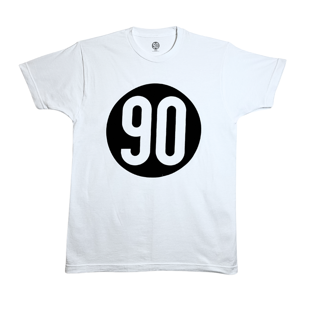 The iconic '90 The Original' White Tee with bold black '90' front print on a pure white background