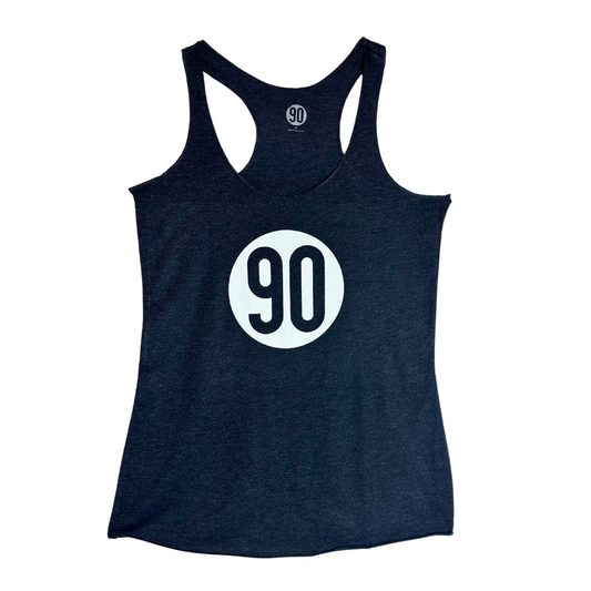 Front view of 90 The Original Women's Tank Top in black-melange with the '90 logo.