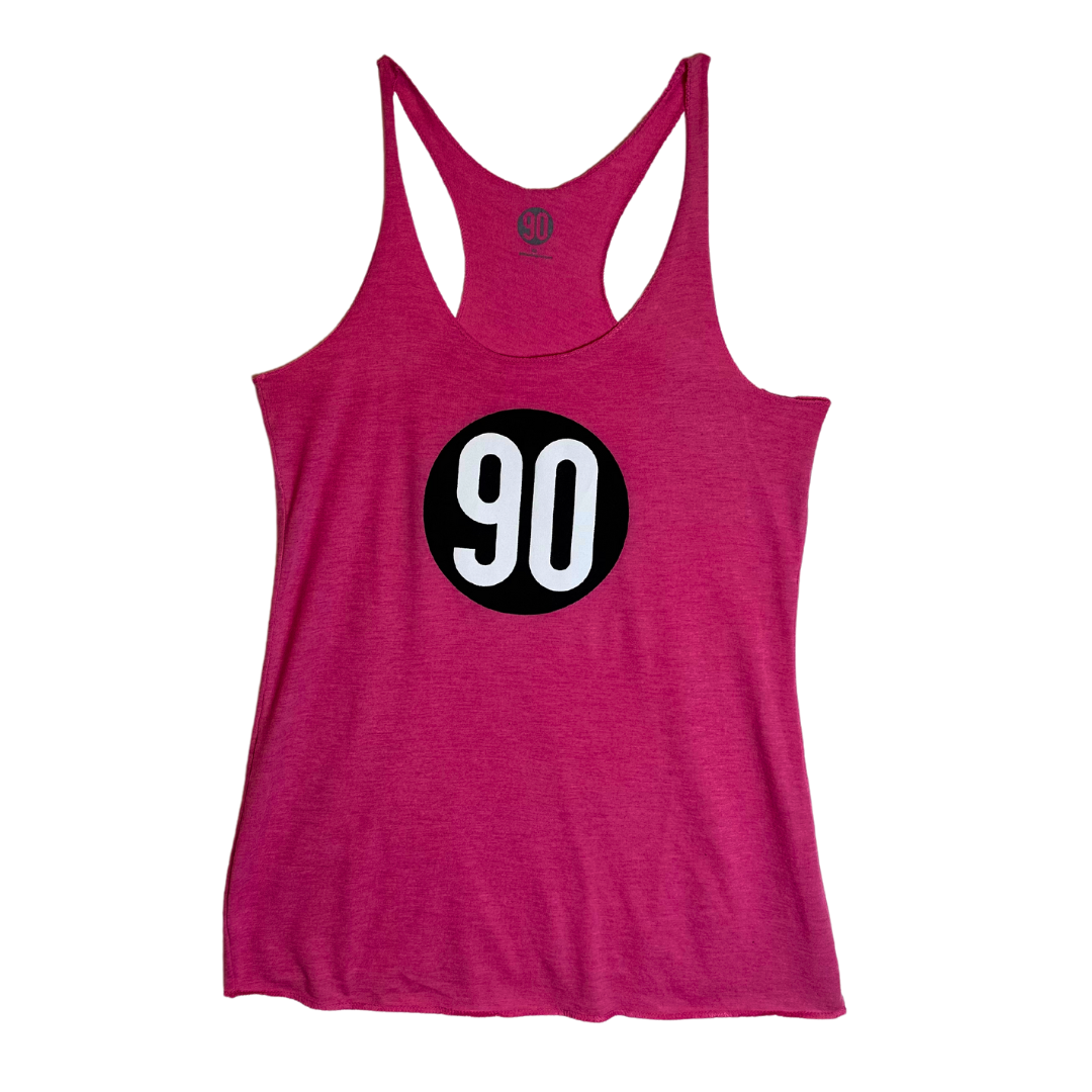 Front view of 90 The Original Women's Tank Top in pink with the '90 logo.