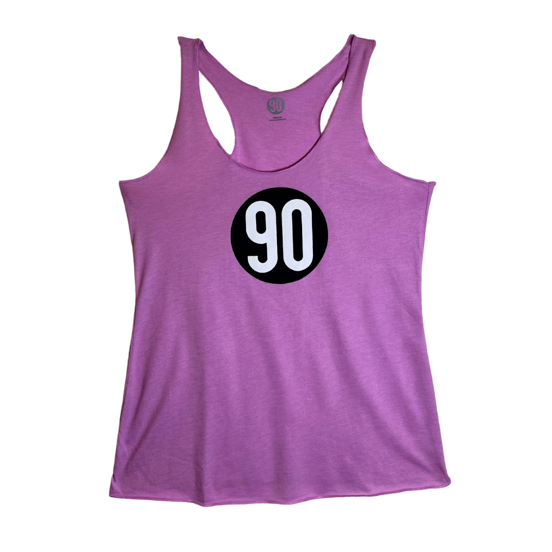 Front view of 90 The Original Women's Tank Top in purple with the '90 logo.