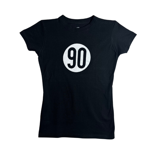 Close-up of the Women's Black Tee by 90 The Original featuring a prominent white '90' symbol on the front