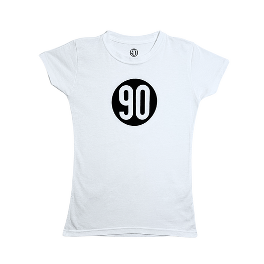 Women's White Tee by 90 The Original with a centered black '90' symbol on the front, exemplifying simplicity and style